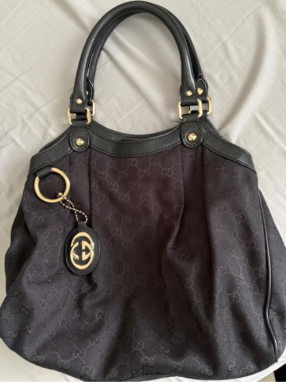 Gucci Black GG Monogram Tote with Gold Charm